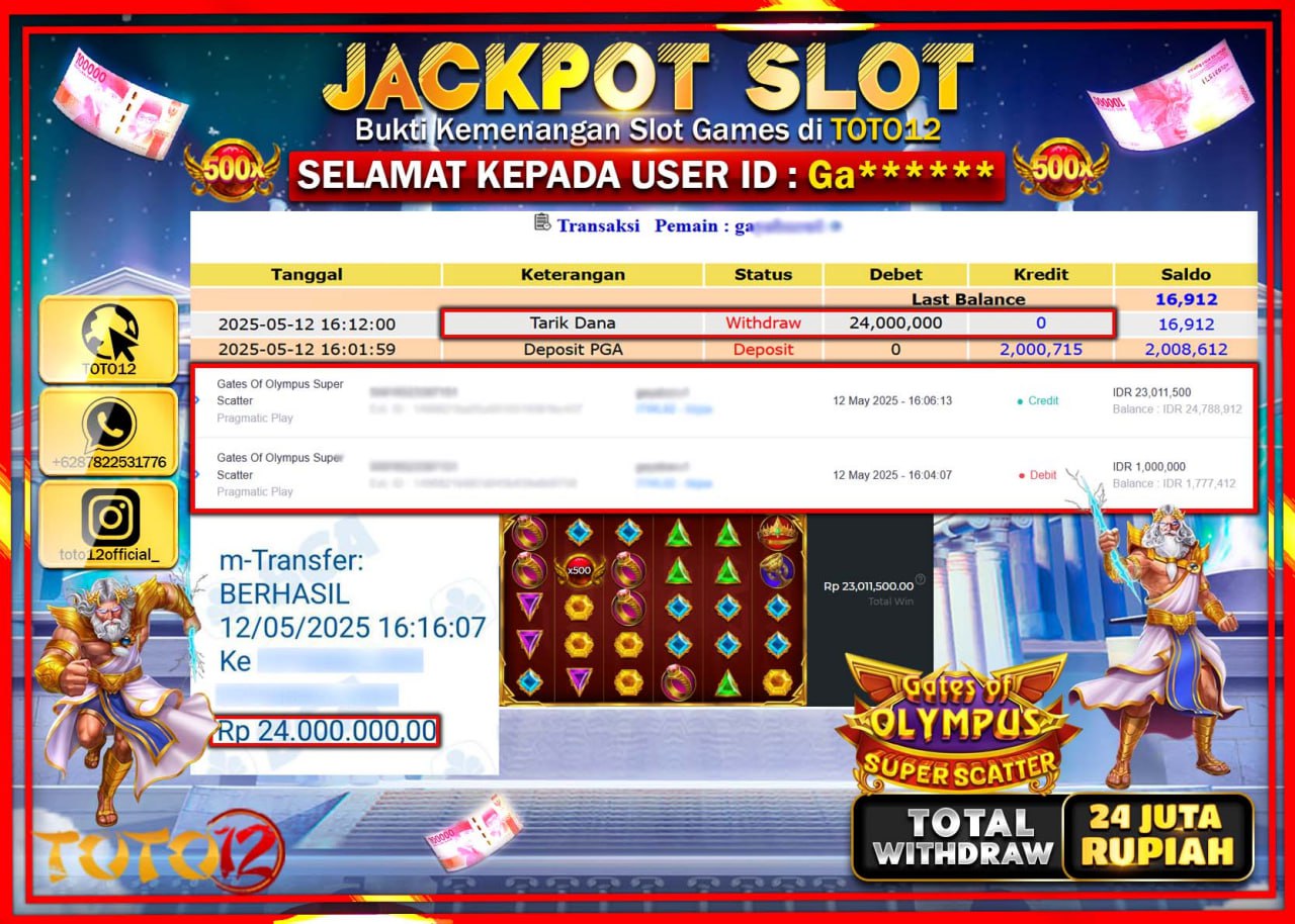 HANYA DI TOTO12 JP PASTI DI BAYAR LUNAS DAN CEPAT!!!!!! JACKPOT SLOT GAME (GATES OF OLYMPUS SUPER SCATTER) Rp.24.000.000 !!!!