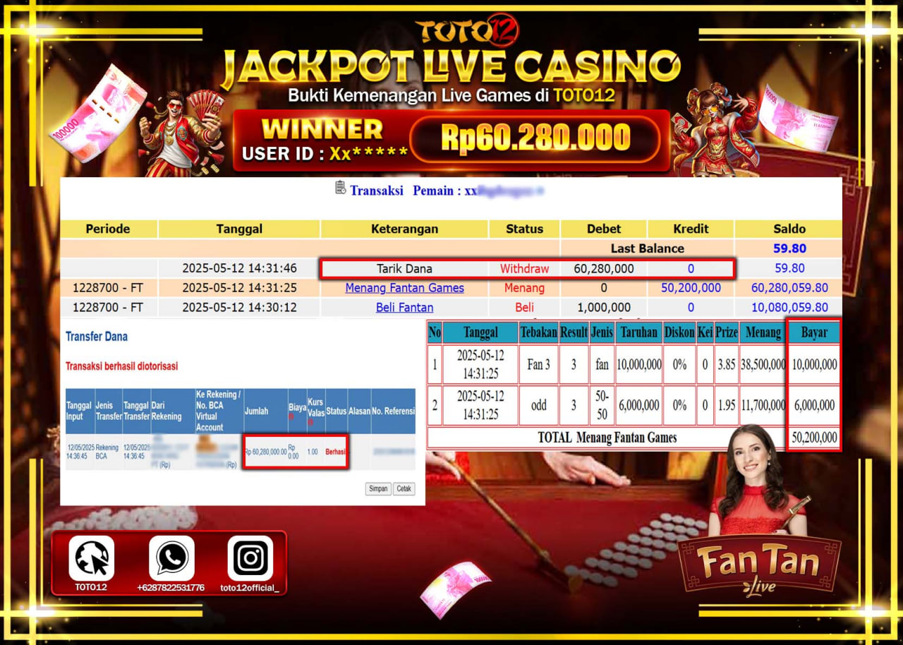 HANYA DI TOTO12 JP PASTI DI BAYAR LUNAS DAN CEPAT!!!!!! JACKPOT LIVE GAMES CASINO (FANTAN) Rp.60.280.000 !!!!