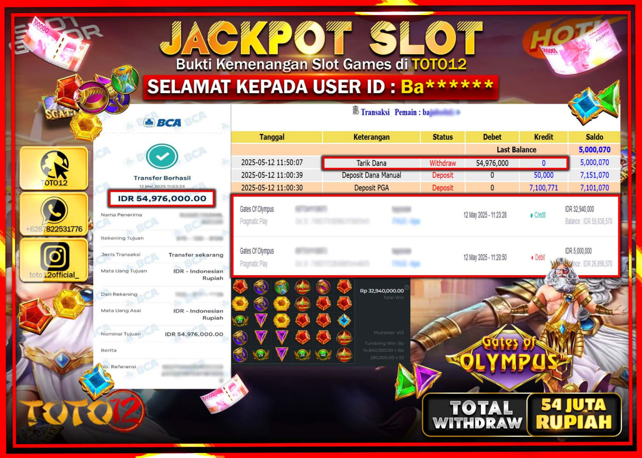 HANYA DI TOTO12 JP PASTI DI BAYAR LUNAS DAN CEPAT!!!!!! JACKPOT SLOT GAME (GATES OF OLYMPUS) Rp.54.000.000 !!!!