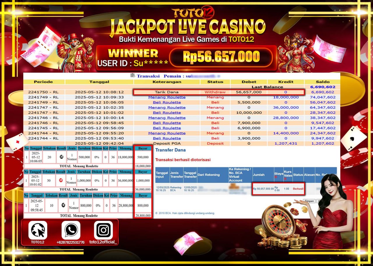 HANYA DI TOTO12 JP PASTI DI BAYAR LUNAS DAN CEPAT!!!!!! JACKPOT LIVE GAMES CASINO (ROULETTE) Rp.56.657.000 !!!!