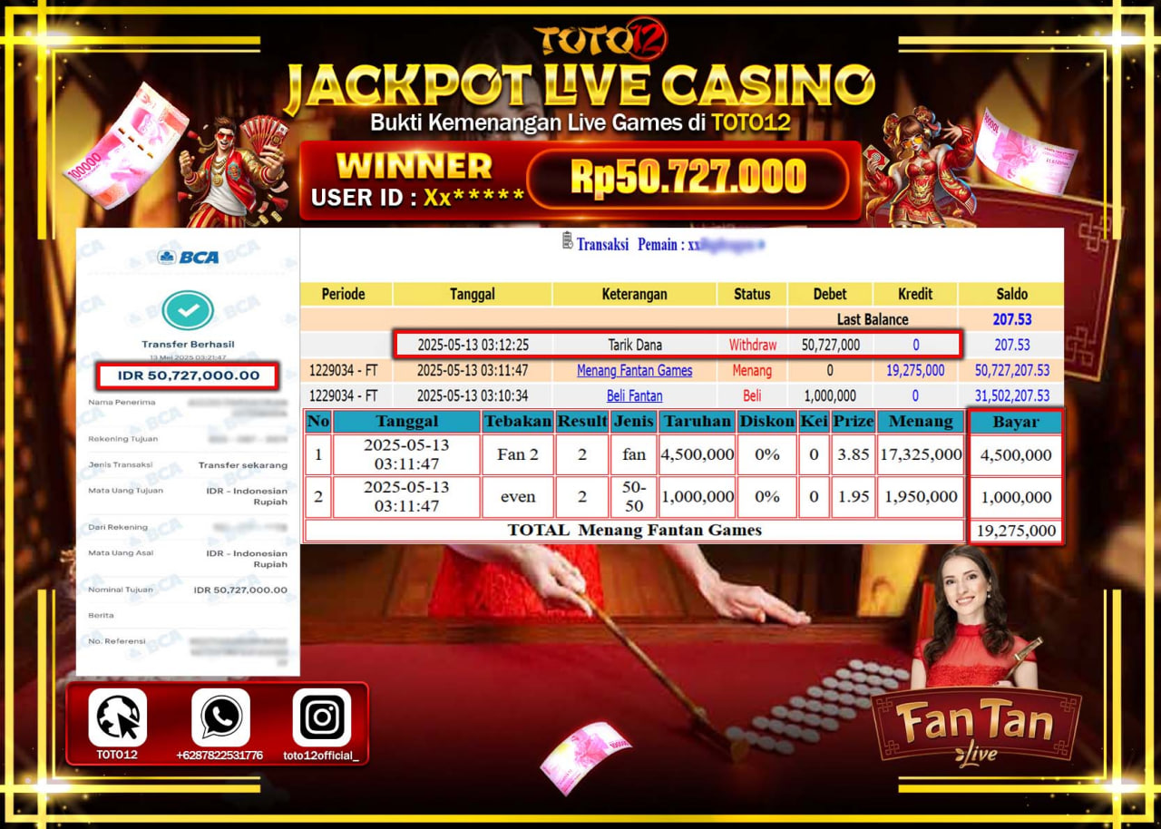 HANYA DI TOTO12 JP PASTI DI BAYAR LUNAS DAN CEPAT!!!!!! JACKPOT LIVE GAMES CASINO (FANTAN) Rp.50.727.000 !!!!