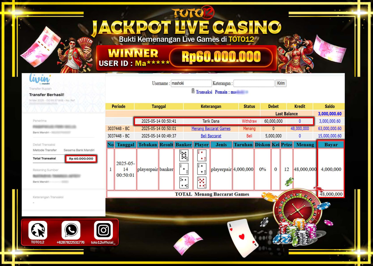 HANYA DI TOTO12 JP PASTI DI BAYAR LUNAS DAN CEPAT!!!!!! JACKPOT LIVE GAMES CASINO (BACCARAT) Rp.60.000.000 !!!!