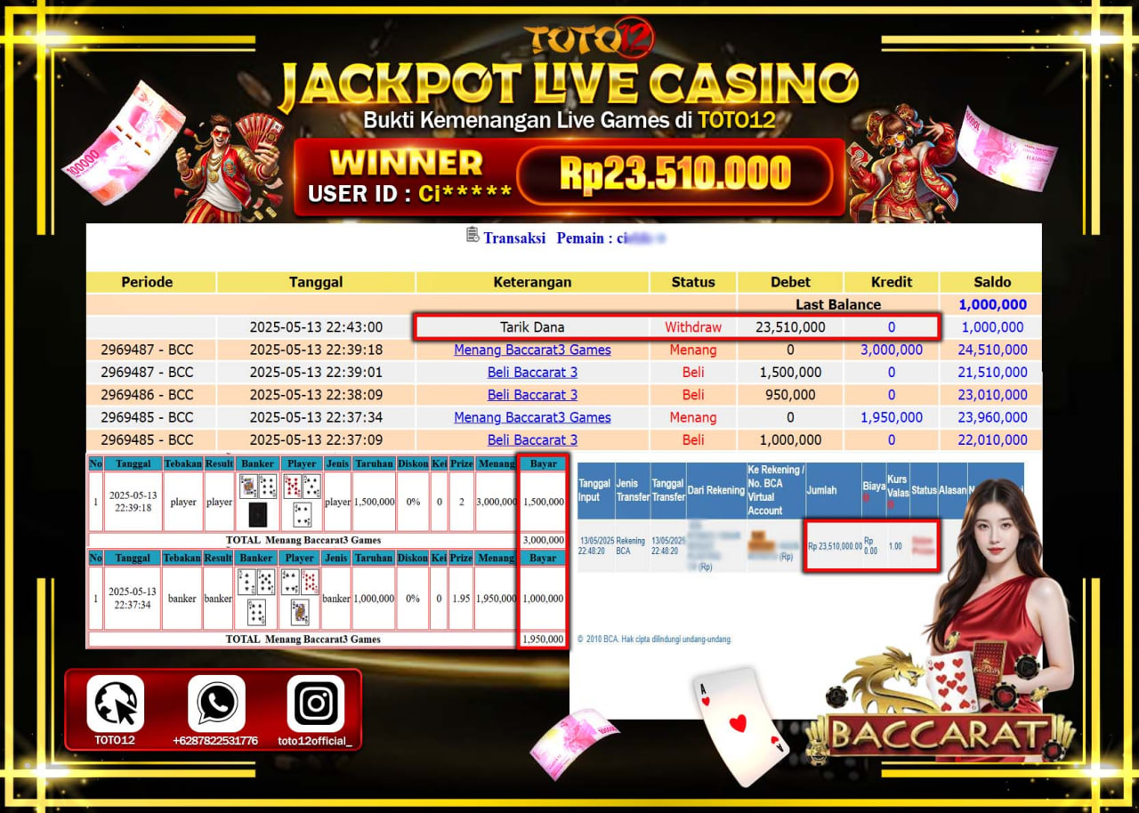 HANYA DI TOTO12 JP PASTI DI BAYAR LUNAS DAN CEPAT!!!!!! JACKPOT LIVE GAMES CASINO (BACCARAT 3) Rp.23.510.000 !!!!
