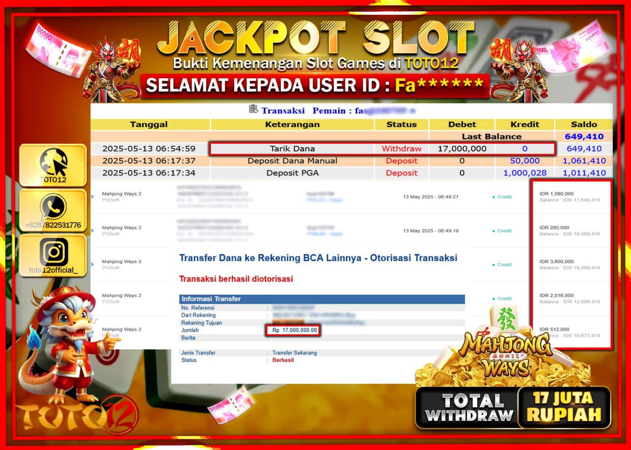 HANYA DI TOTO12 JP PASTI DI BAYAR LUNAS DAN CEPAT!!!!!! JACKPOT SLOT GAME (MAHJONG WAYS) Rp.17.000.000 !!!!