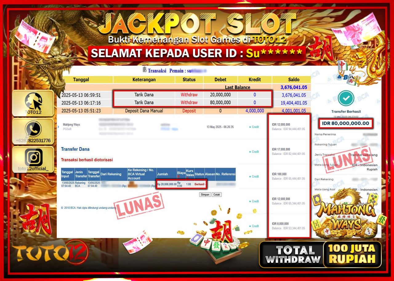 HANYA DI TOTO12 JP PASTI DI BAYAR LUNAS DAN CEPAT!!!!!! JACKPOT SLOT GAME (MAHJONG WAYS) Rp.100.000.000 !!!!