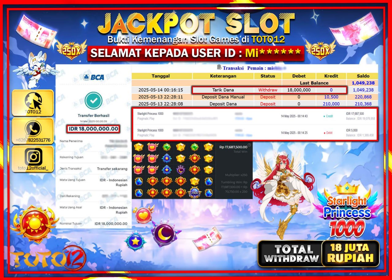 HANYA DI TOTO12 JP PASTI DI BAYAR LUNAS DAN CEPAT!!!!!! JACKPOT SLOT GAME (STARLIGHT PRINCESS 1000) Rp.18.000.000 !!!!
