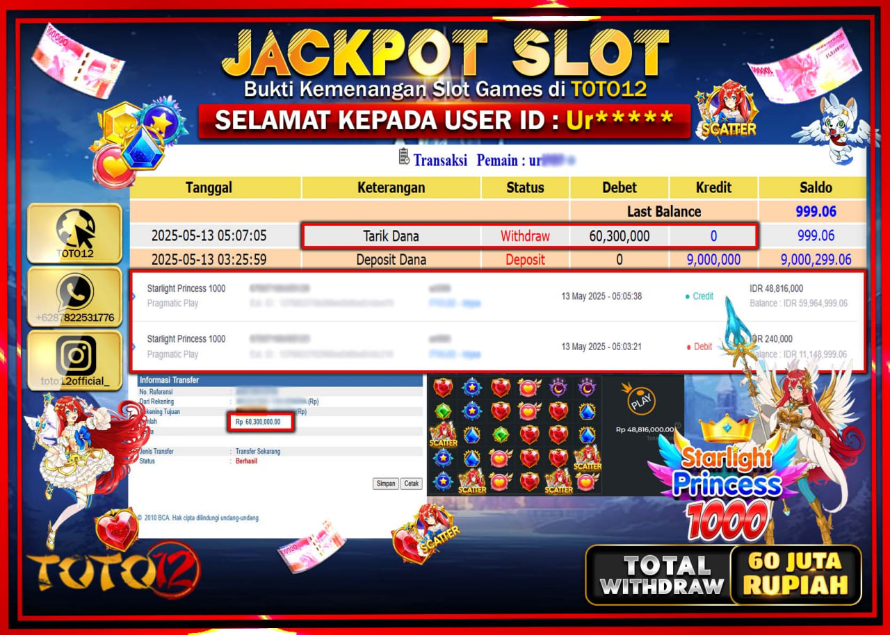 HANYA DI TOTO12 JP PASTI DI BAYAR LUNAS DAN CEPAT!!!!!! JACKPOT SLOT GAME (STARLIGHT PRINCESS 1000) Rp.60.000.000 !!!!
