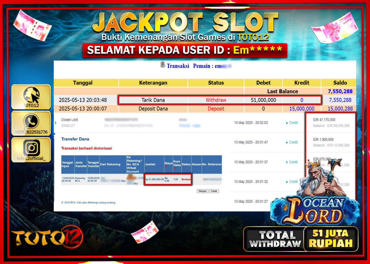 HANYA DI TOTO12 JP PASTI DI BAYAR LUNAS DAN CEPAT!!!!!! JACKPOT SLOT GAME (OCEAN LORD) Rp.51.000.000 !!!!