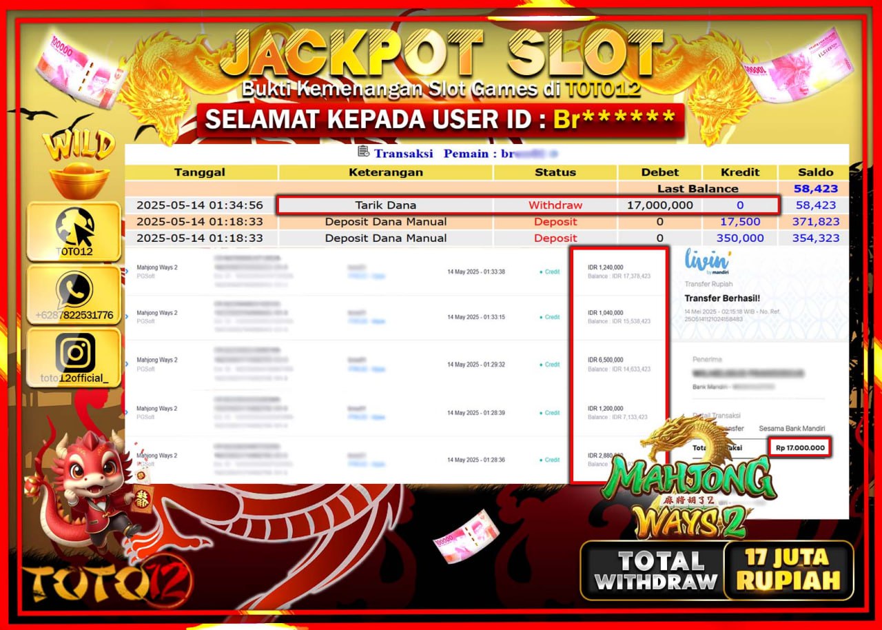 HANYA DI TOTO12 JP PASTI DI BAYAR LUNAS DAN CEPAT!!!!!! JACKPOT SLOT GAME (MAHJONG WAYS 2) Rp.17.000.000 !!!!