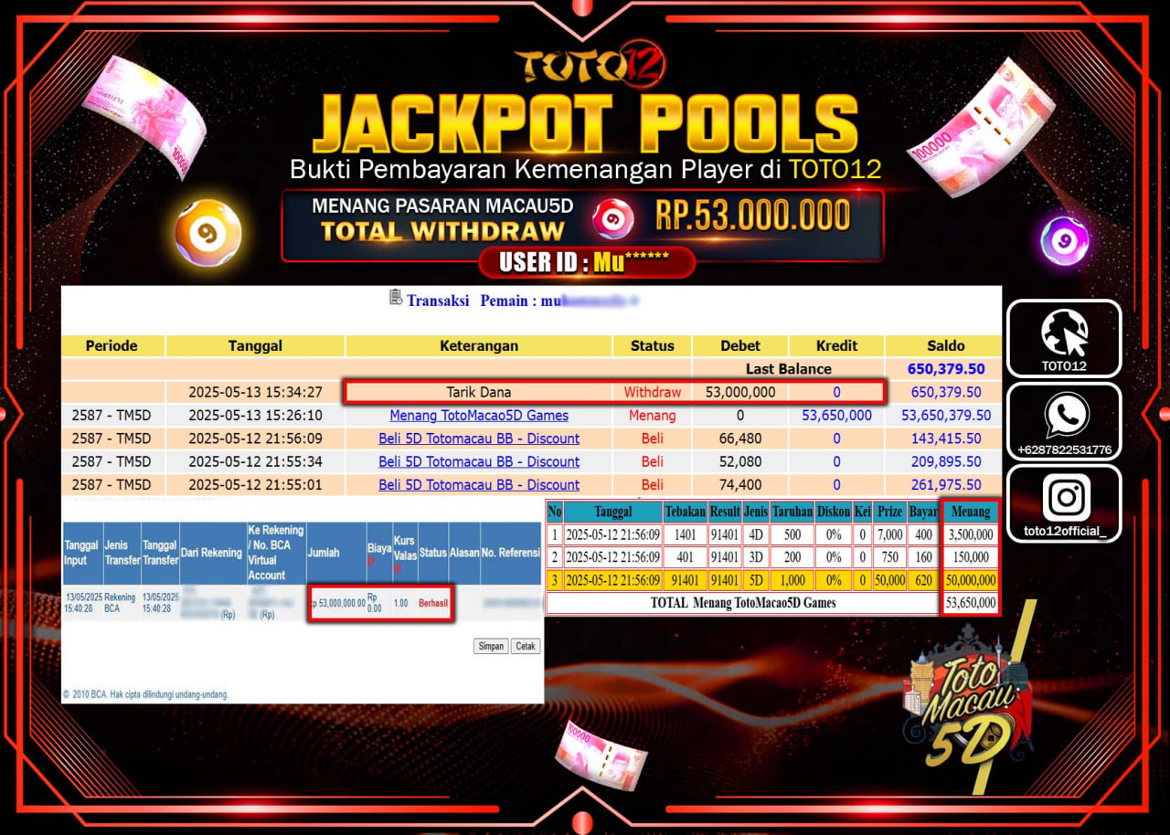 HANYA DI TOTO12 JP PASTI DI BAYAR LUNAS DAN CEPAT!!!!!! JACKPOT POOLS PASARAN (TOTO MACAU5D) Rp.53.000.000 !!!!