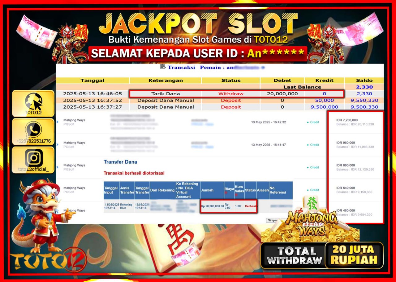 HANYA DI TOTO12 JP PASTI DI BAYAR LUNAS DAN CEPAT!!!!!! JACKPOT SLOT GAME (MAHJONG WAYS) Rp.20.000.000 !!!!