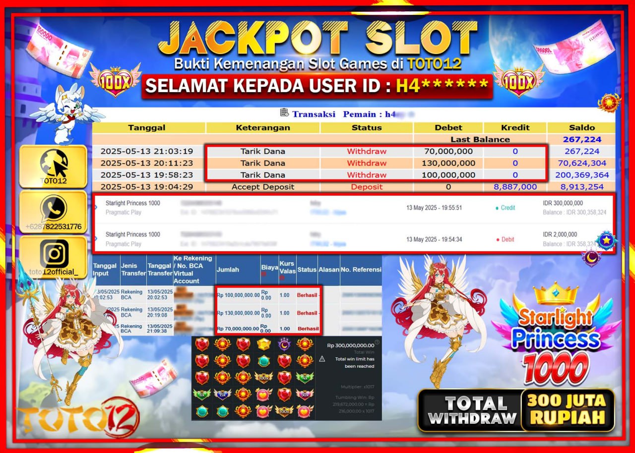 HANYA DI TOTO12 JP PASTI DI BAYAR LUNAS DAN CEPAT!!!!!! JACKPOT SLOT GAME (STARLIGHT PRINCESS 1000) Rp.300.000.000 !!!!