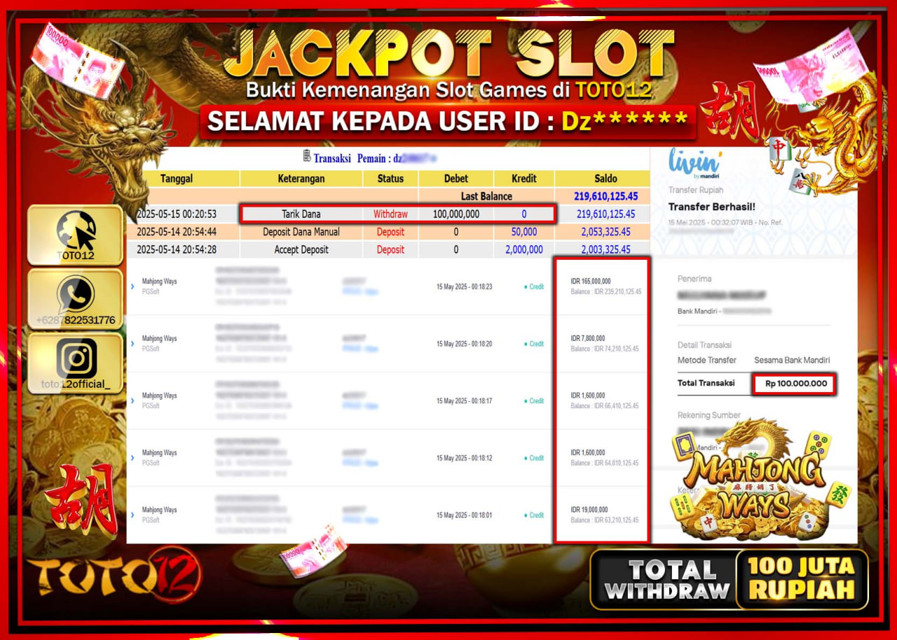 HANYA DI TOTO12 JP PASTI DI BAYAR LUNAS DAN CEPAT!!!!!! JACKPOT SLOT GAME (MAHJONG WAYS) Rp.100.000.000 !!!!
