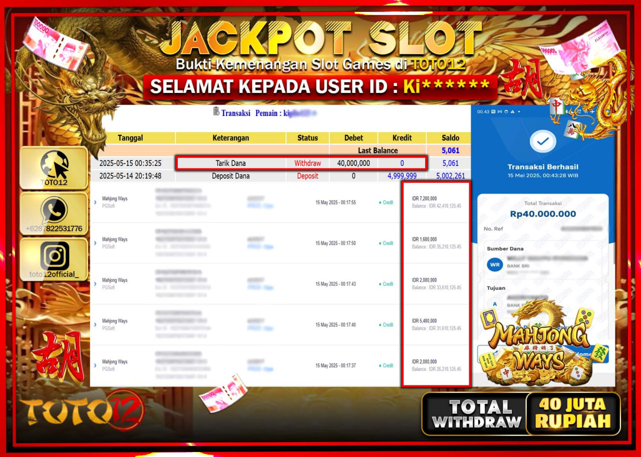 HANYA DI TOTO12 JP PASTI DI BAYAR LUNAS DAN CEPAT!!!!!! JACKPOT SLOT GAME (MAHJONG WAYS) Rp.40.000.000 !!!!