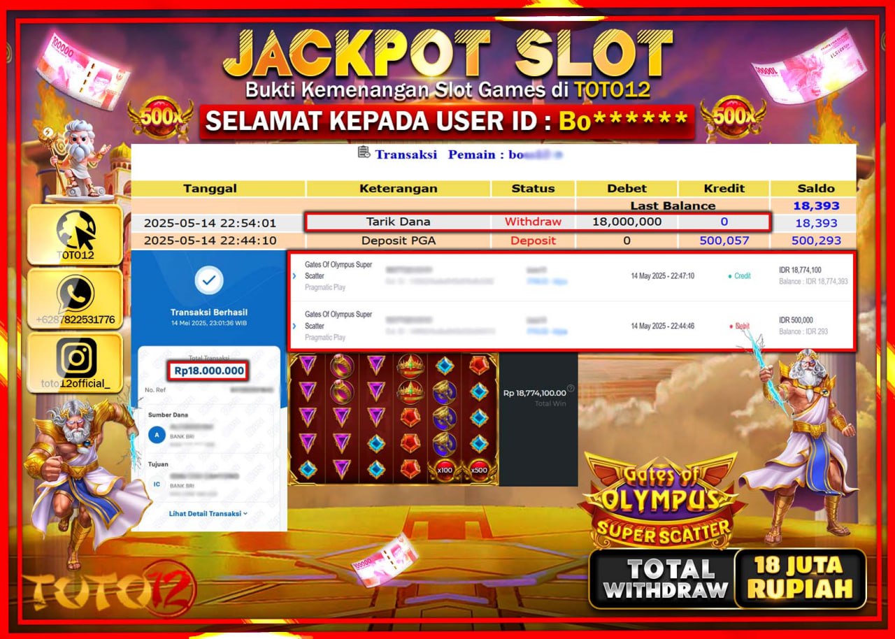 HANYA DI TOTO12 JP PASTI DI BAYAR LUNAS DAN CEPAT!!!!!! JACKPOT SLOT GAME (GATES OF OLYMPUS SUPER SCATTER) Rp.18.000.000 !!!!