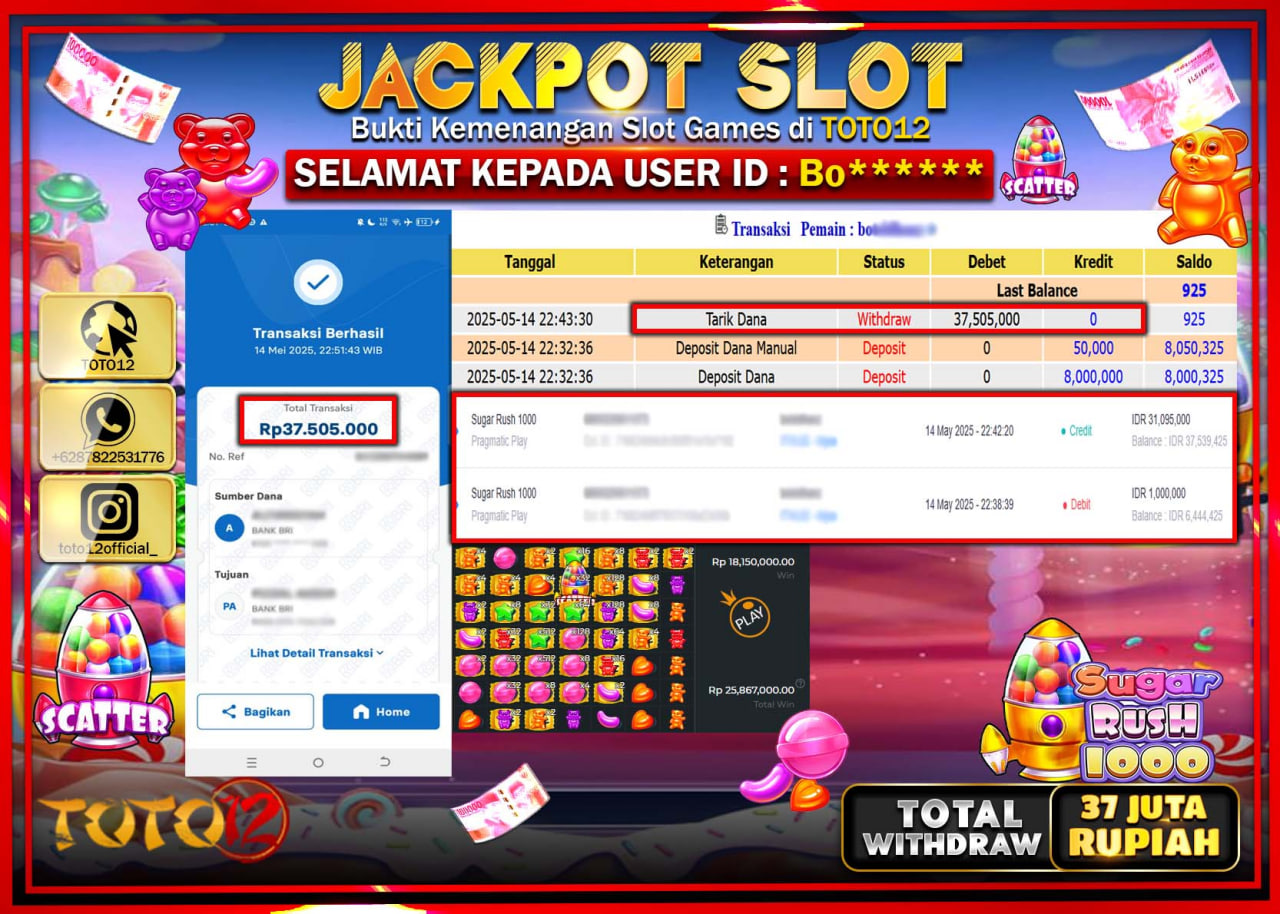 HANYA DI TOTO12 JP PASTI DI BAYAR LUNAS DAN CEPAT!!!!!! JACKPOT SLOT GAME (SUGAR RUSH 1000) Rp.37.000.000 !!!!