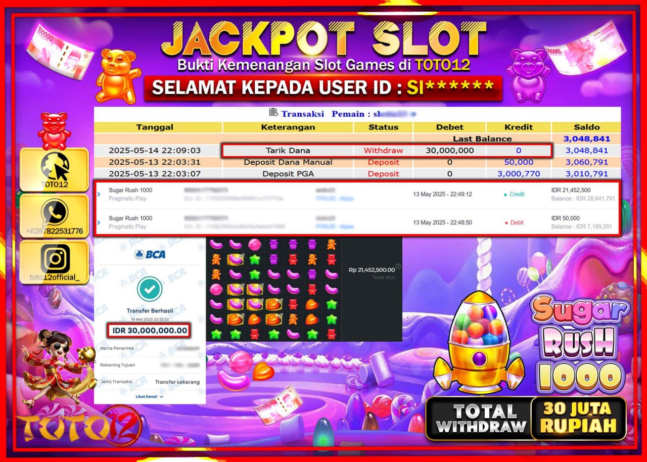 HANYA DI TOTO12 JP PASTI DI BAYAR LUNAS DAN CEPAT!!!!!! JACKPOT SLOT GAME (SUGAR RUSH 1000) Rp.30.000.000 !!!!