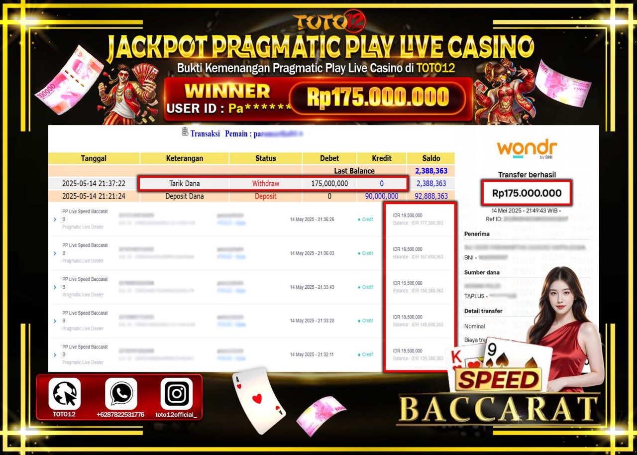 HANYA DI TOTO12 JP PASTI DI BAYAR LUNAS DAN CEPAT!!!!!! JACKPOT PRAGMATIC PLAY LIVE CASINO (SPEED BACCARAT) Rp.175.000.000 !!!!