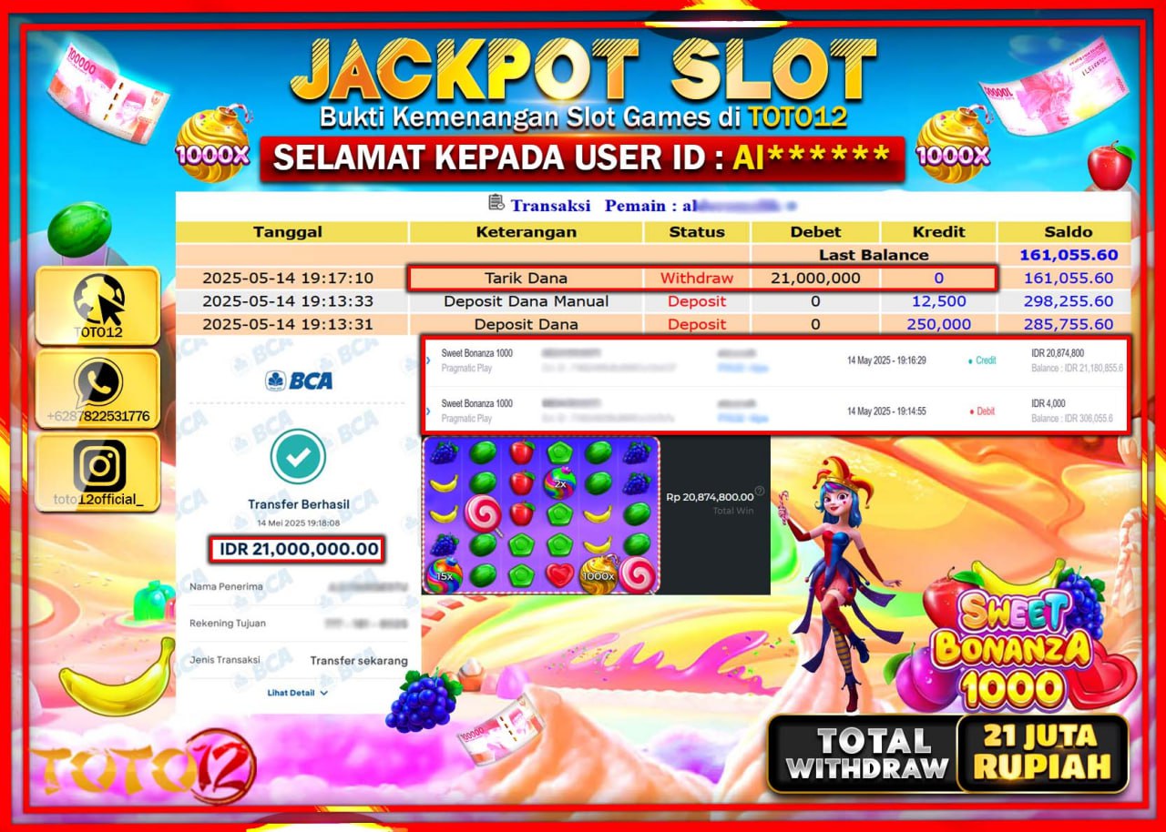 HANYA DI TOTO12 JP PASTI DI BAYAR LUNAS DAN CEPAT!!!!!! JACKPOT SLOT GAME (SWEET BONANZA 1000) Rp.21.000.000 !!!!