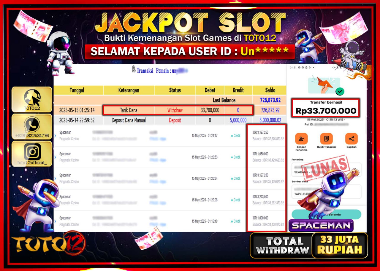 HANYA DI TOTO12 JP PASTI DI BAYAR LUNAS DAN CEPAT!!!!!! JACKPOT SLOT GAME (SPACEMAN) Rp.33.000.000 !!!!