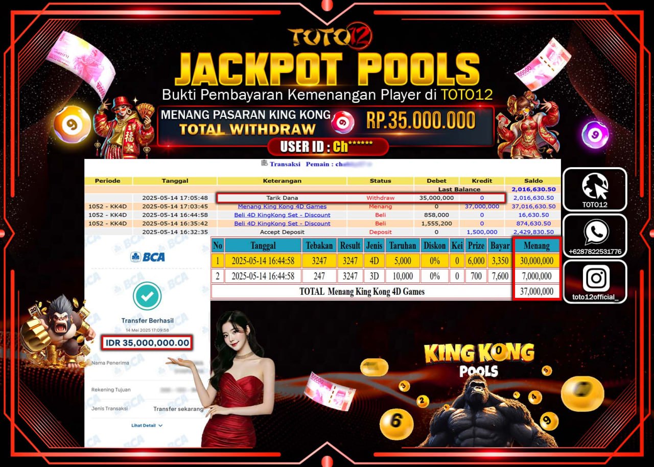 HANYA DI TOTO12 JP PASTI DI BAYAR LUNAS DAN CEPAT!!!!!! JACKPOT POOLS PASARAN (KING KONG) Rp.35.000.000 !!!!