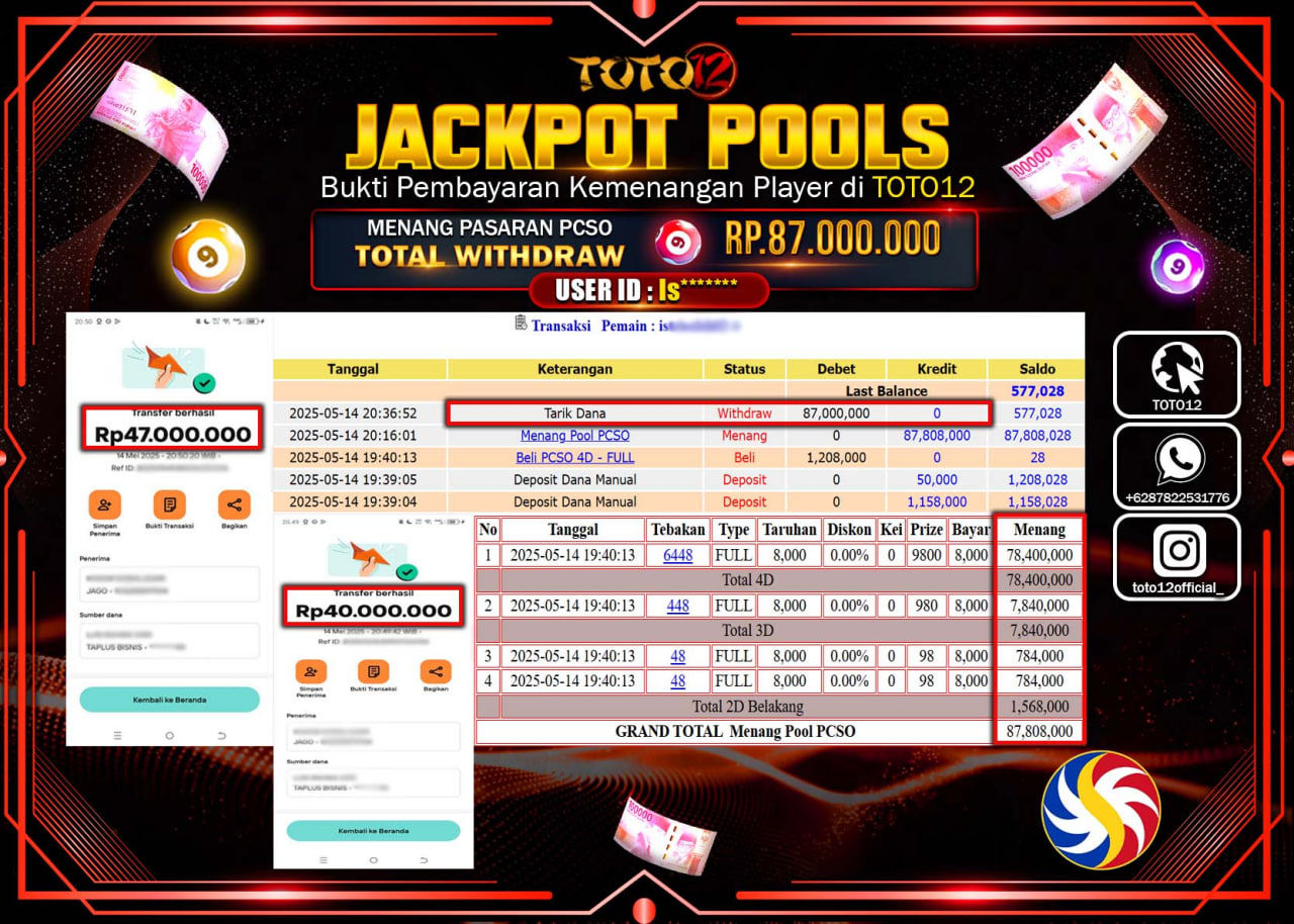 HANYA DI TOTO12 JP PASTI DI BAYAR LUNAS DAN CEPAT!!!!!! JACKPOT POOLS PASARAN (PCSO) Rp.87.000.000 !!!!