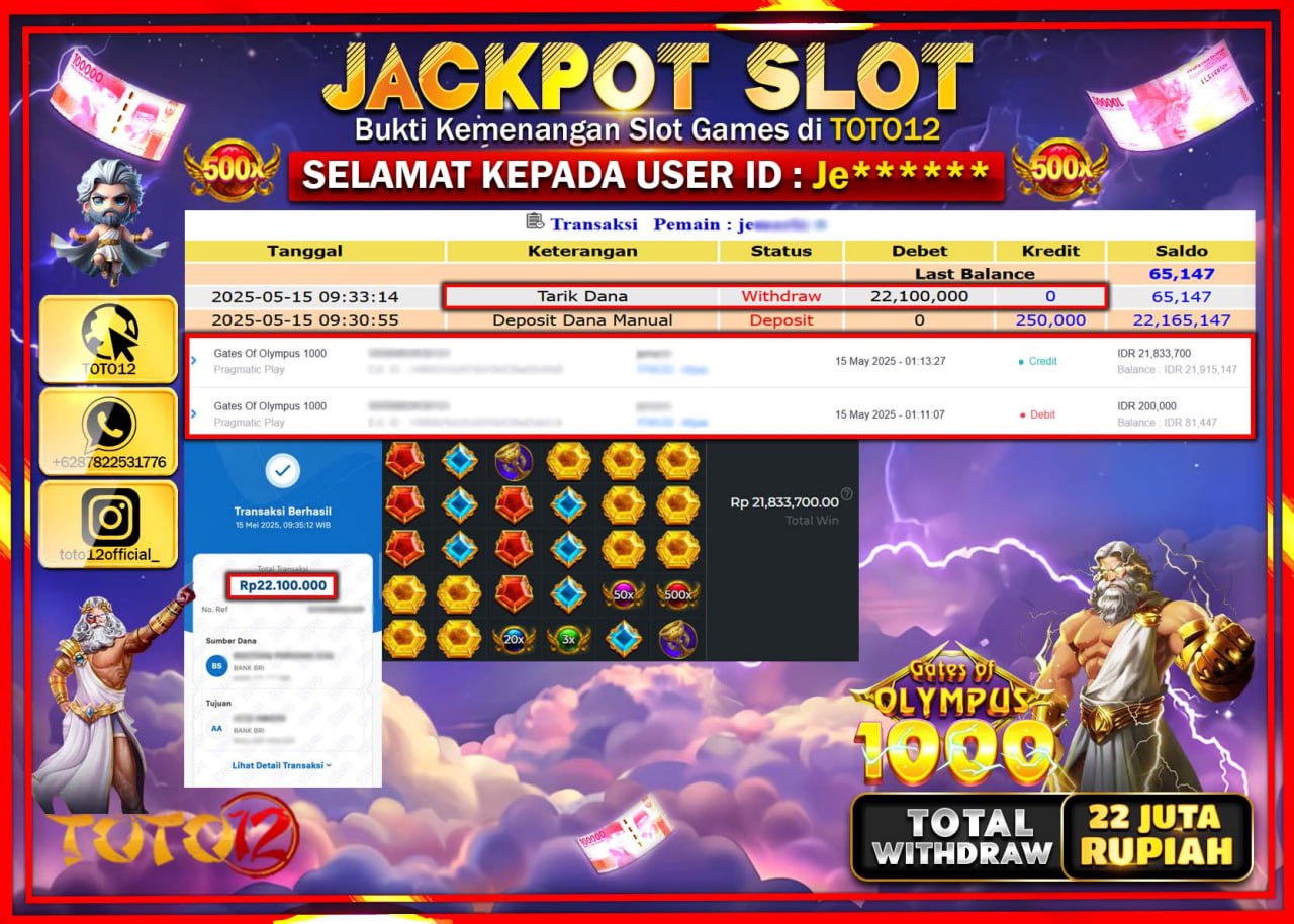 HANYA DI TOTO12 JP PASTI DI BAYAR LUNAS DAN CEPAT!!!!!! JACKPOT SLOT GAME (GATES OLYMPUS 1000) Rp.22.000.000 !!!!