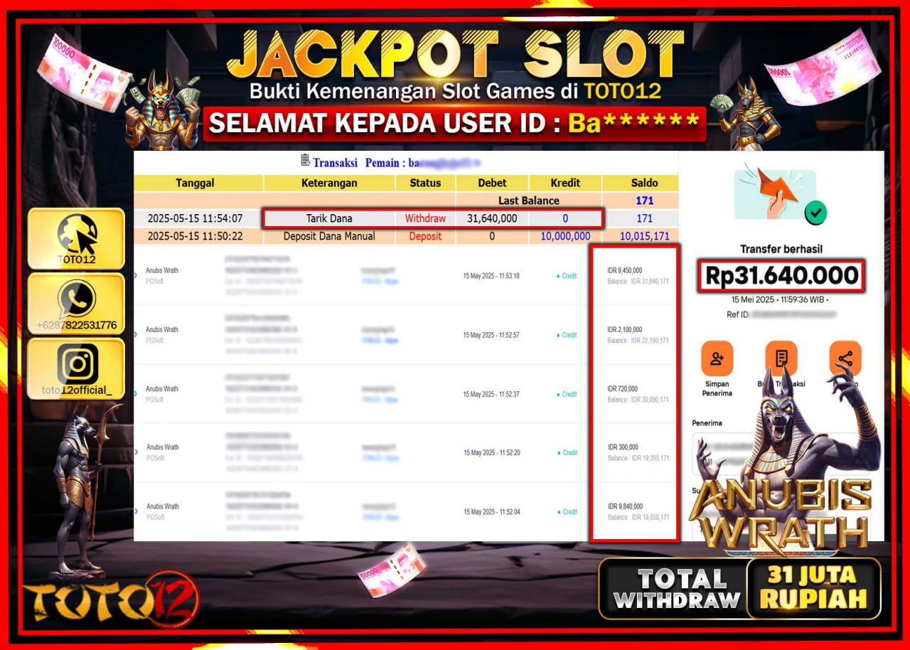 HANYA DI TOTO12 JP PASTI DI BAYAR LUNAS DAN CEPAT!!!!!! JACKPOT SLOT GAME (ANUBIS WRATH) Rp.31.000.000 !!!!