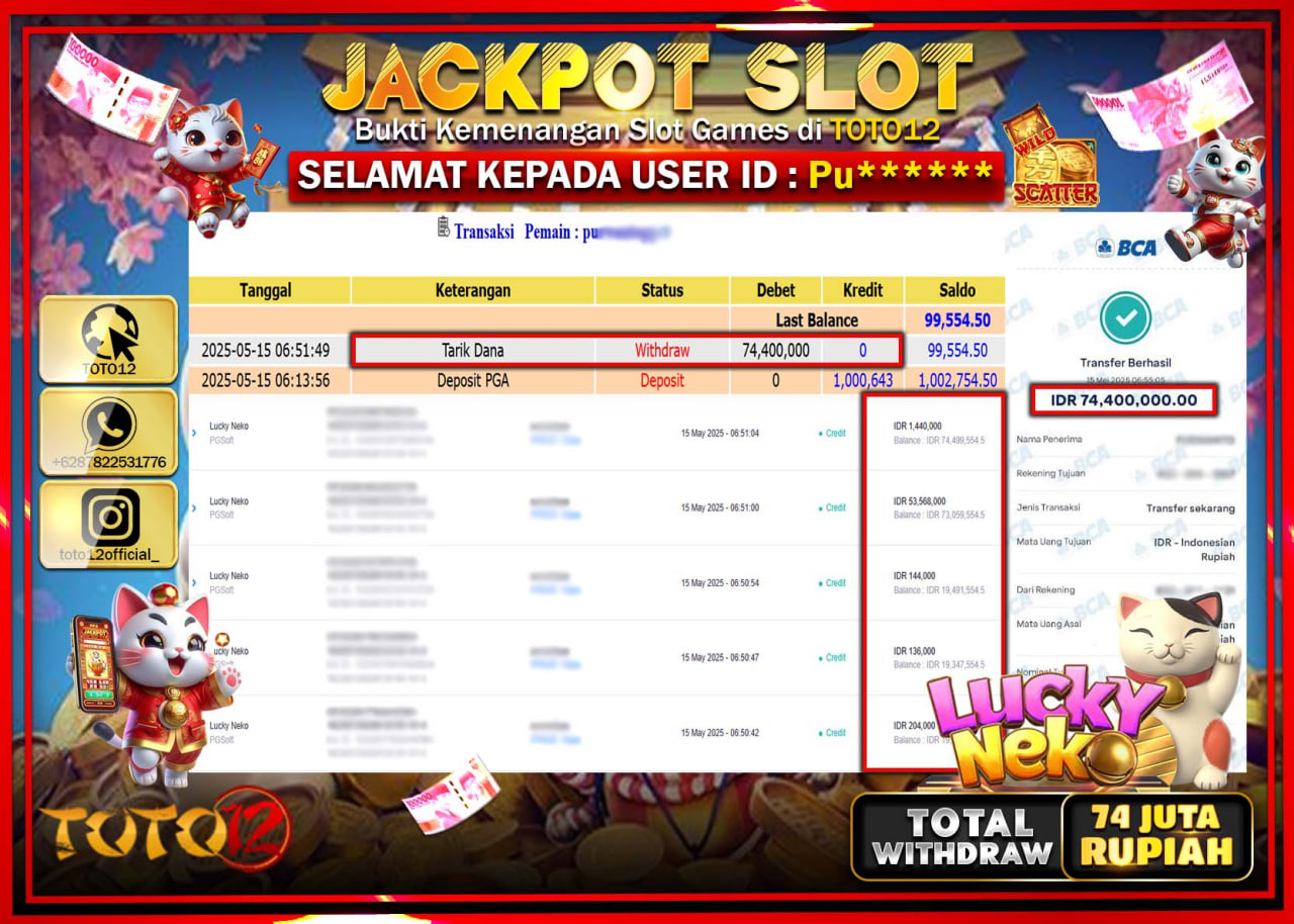HANYA DI TOTO12 JP PASTI DI BAYAR LUNAS DAN CEPAT!!!!!! JACKPOT SLOT GAME (LUCKY NEKO) Rp.74.000.000 !!!!