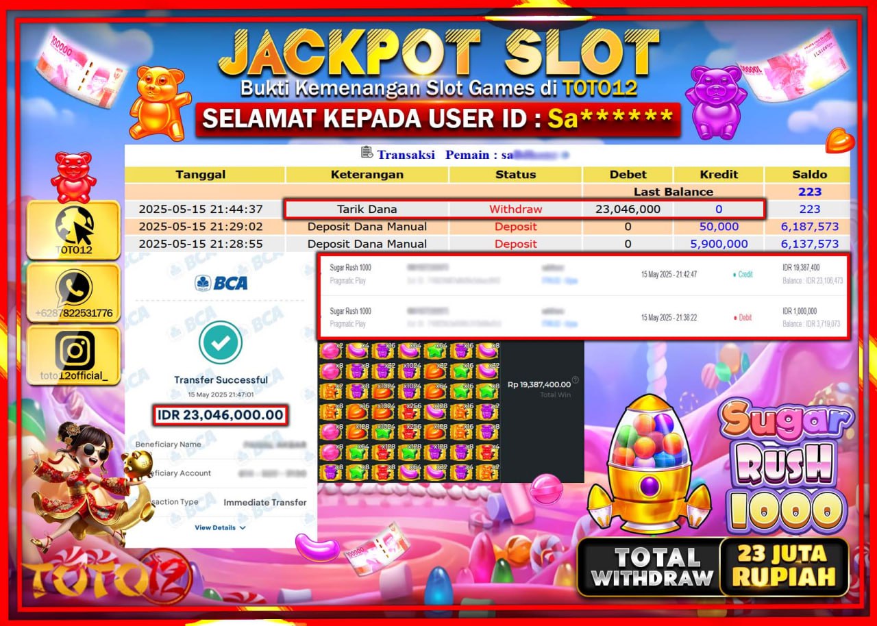 HANYA DI TOTO12 JP PASTI DI BAYAR LUNAS DAN CEPAT!!!!!! JACKPOT SLOT GAME (SUGAR RUSH 1000) Rp.23.000.000 !!!!