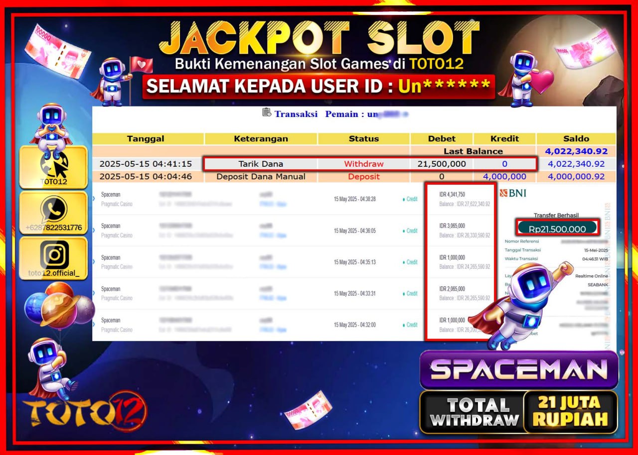 HANYA DI TOTO12 JP PASTI DI BAYAR LUNAS DAN CEPAT!!!!!! JACKPOT SLOT GAME (SPACEMAN) Rp.21.000.000 !!!!