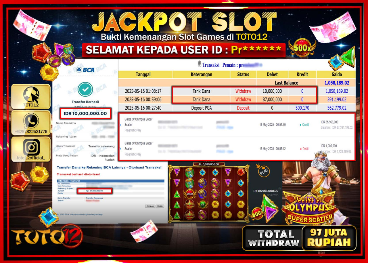 HANYA DI TOTO12 JP PASTI DI BAYAR LUNAS DAN CEPAT!!!!!! JACKPOT SLOT GAME (GATES OF OLYMPUS SUPER SCATTER) Rp.97.000.000 !!!!