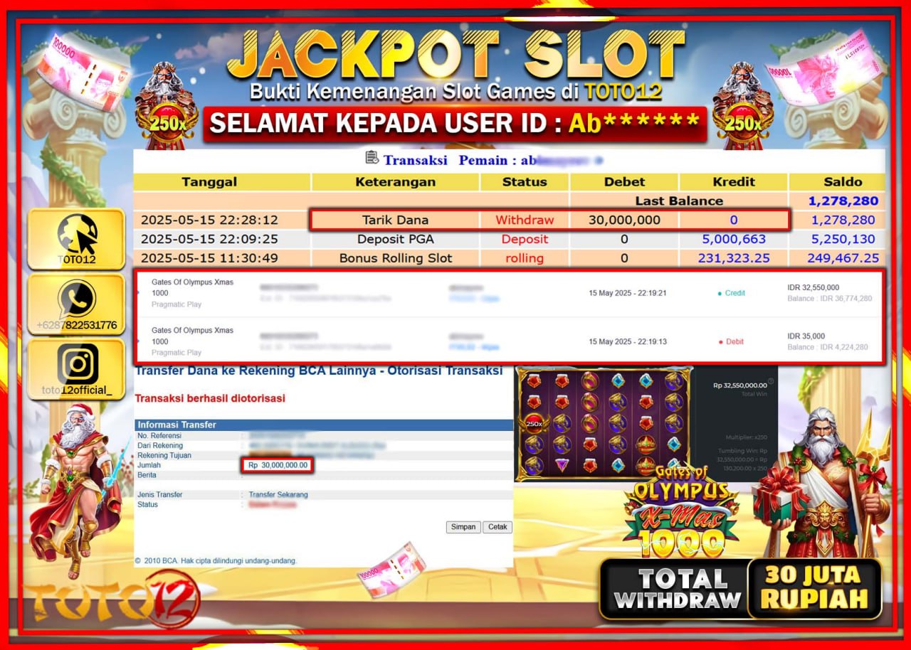 HANYA DI TOTO12 JP PASTI DI BAYAR LUNAS DAN CEPAT!!!!!! JACKPOT SLOT GAME (GATES OF OLYMPUS XMAS 1000) Rp.30.000.000 !!!!