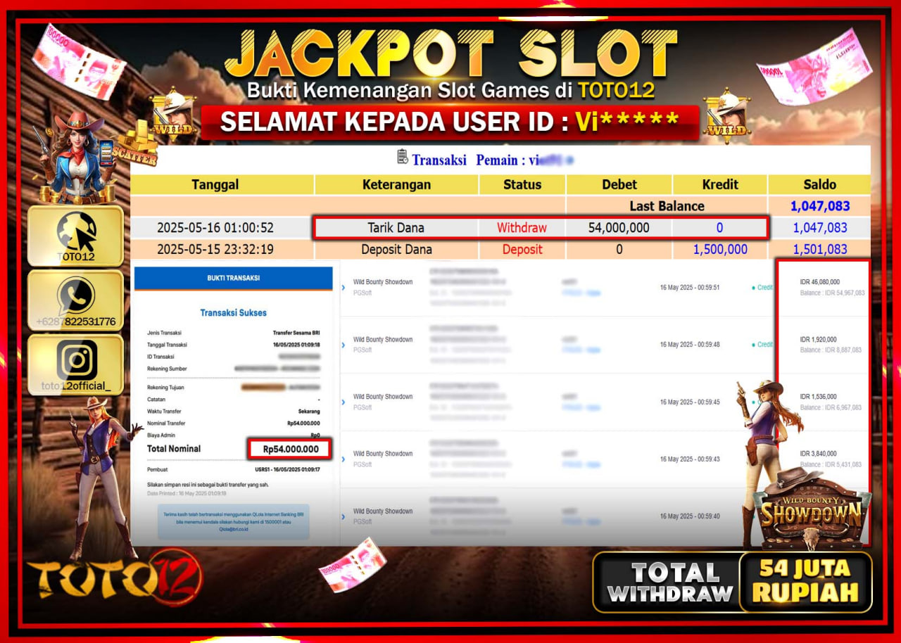 HANYA DI TOTO12 JP PASTI DI BAYAR LUNAS DAN CEPAT!!!!!! JACKPOT SLOT GAME (WILD BOUNTY SHOWDOWN) Rp.54.000.000 !!!!