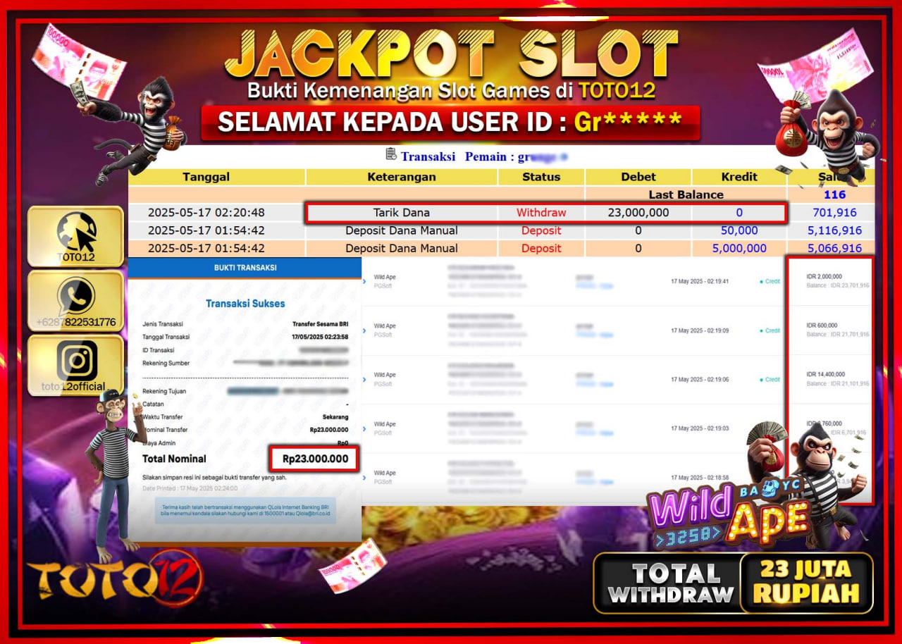 HANYA DI TOTO12 JP PASTI DI BAYAR LUNAS DAN CEPAT!!!!!! JACKPOT SLOT GAME (WILD APE) Rp.23.000.000 !!!!