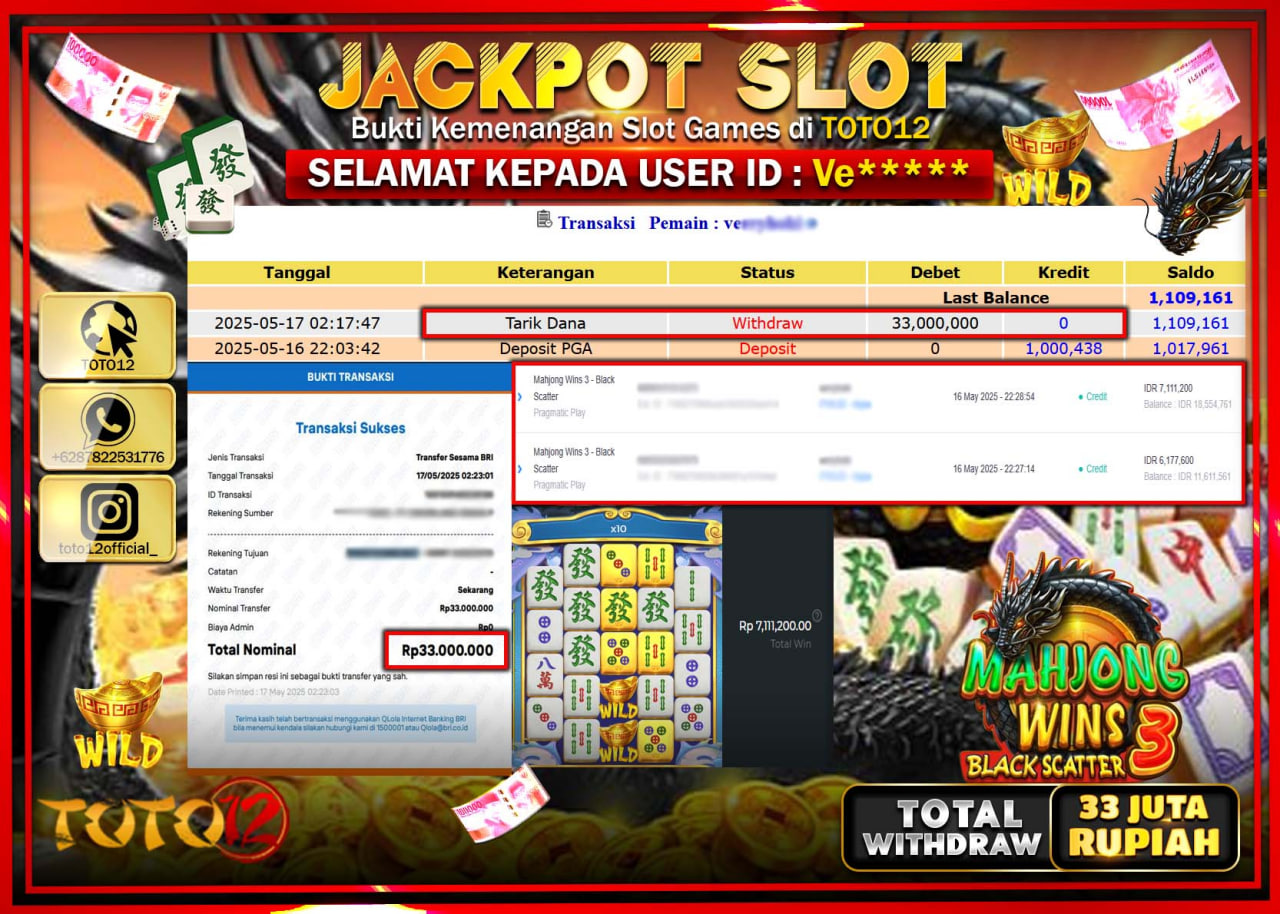 HANYA DI TOTO12 JP PASTI DI BAYAR LUNAS DAN CEPAT!!!!!! JACKPOT SLOT GAME (MAHJONG WINS 3 BLACK SCATTER) Rp.33.000.000 !!!!