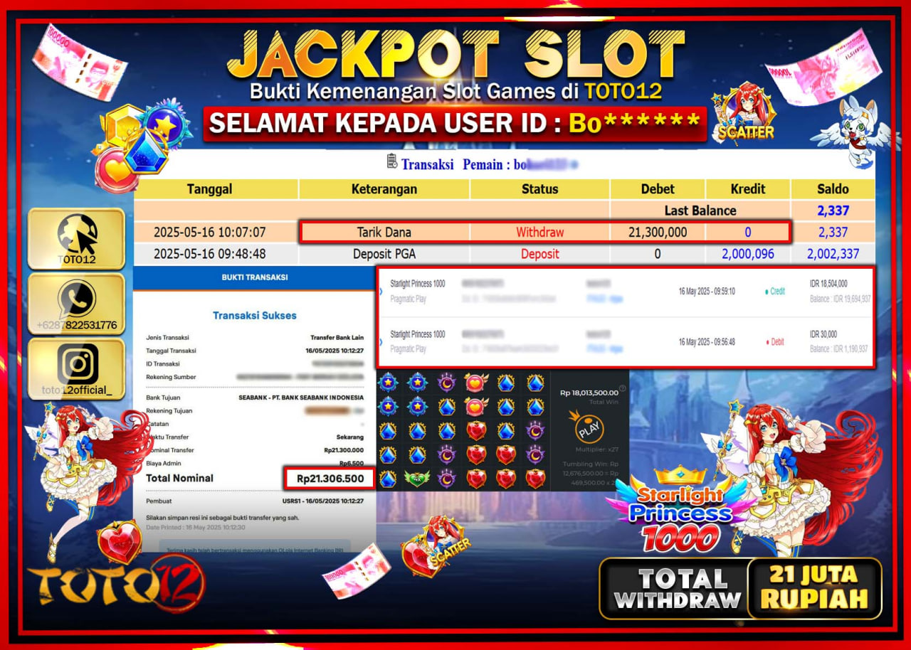 HANYA DI TOTO12 JP PASTI DI BAYAR LUNAS DAN CEPAT!!!!!! JACKPOT SLOT GAME (STARLIGHT PRINCESS 1000) Rp.21.000.000 !!!!