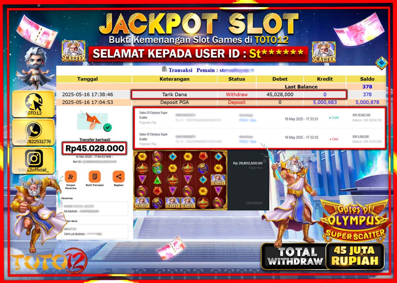 HANYA DI TOTO12 JP PASTI DI BAYAR LUNAS DAN CEPAT!!!!!! JACKPOT SLOT GAME (GATES OF OLYMPUS SUPER SCATTER) Rp.45.000.000 !!!!