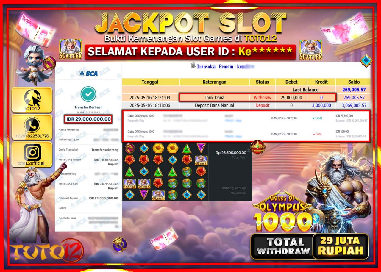 HANYA DI TOTO12 JP PASTI DI BAYAR LUNAS DAN CEPAT!!!!!! JACKPOT SLOT GAME (GATES OF OLYMPUS 1000) Rp.29.000.000 !!!!
