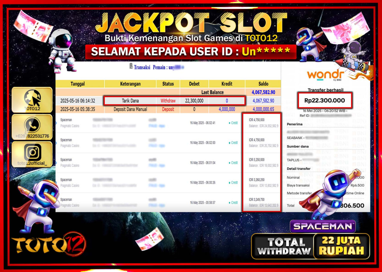HANYA DI TOTO12 JP PASTI DI BAYAR LUNAS DAN CEPAT!!!!!! JACKPOT SLOT GAME (SPACEMAN) Rp.22.000.000 !!!!
