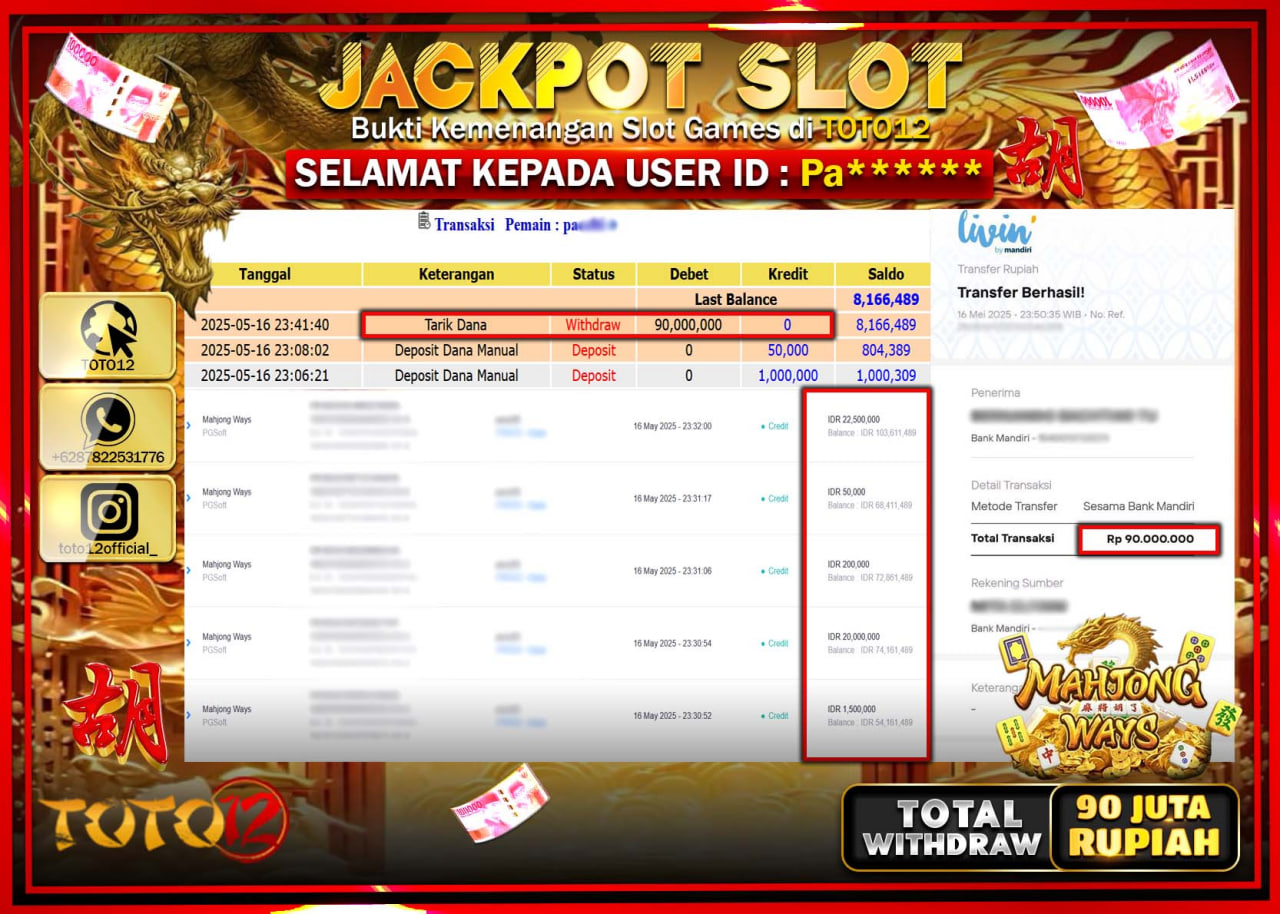 HANYA DI TOTO12 JP PASTI DI BAYAR LUNAS DAN CEPAT!!!!!! JACKPOT SLOT GAME (MAHJONG WAYS) Rp.90.000.000 !!!!