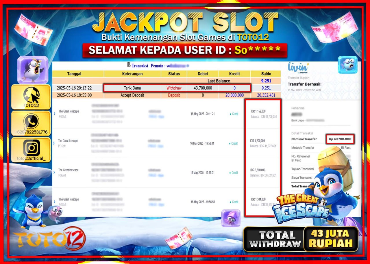 HANYA DI TOTO12 JP PASTI DI BAYAR LUNAS DAN CEPAT!!!!!! JACKPOT SLOT GAME (THE GREAT ICESCAPE) Rp.43.000.000 !!!!
