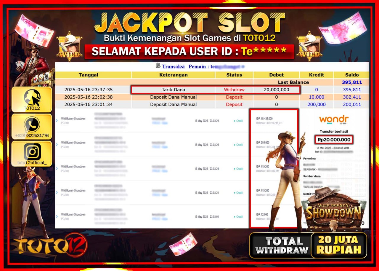 HANYA DI TOTO12 JP PASTI DI BAYAR LUNAS DAN CEPAT!!!!!! JACKPOT SLOT GAME (WILD BOUNTY SHOWDOWN) Rp.20.000.000 !!!!