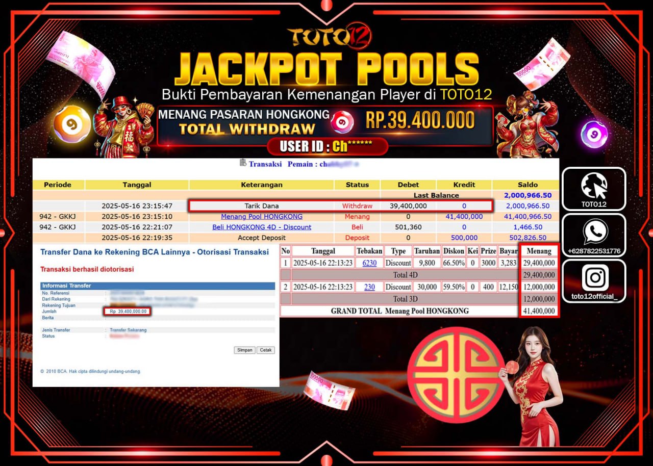 HANYA DI TOTO12 JP PASTI DI BAYAR LUNAS DAN CEPAT!!!!!! JACKPOT POOLS PASARAN (HONGKONG) Rp.39.400.000 !!!!