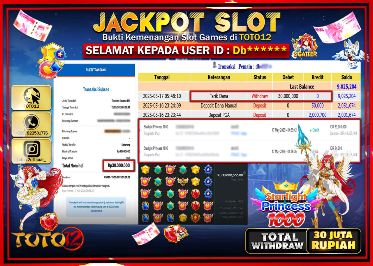 HANYA DI TOTO12 JP PASTI DI BAYAR LUNAS DAN CEPAT!!!!!! JACKPOT SLOT GAME (STARLIGHT PRINCESS 1000) Rp.30.000.000 !!!!