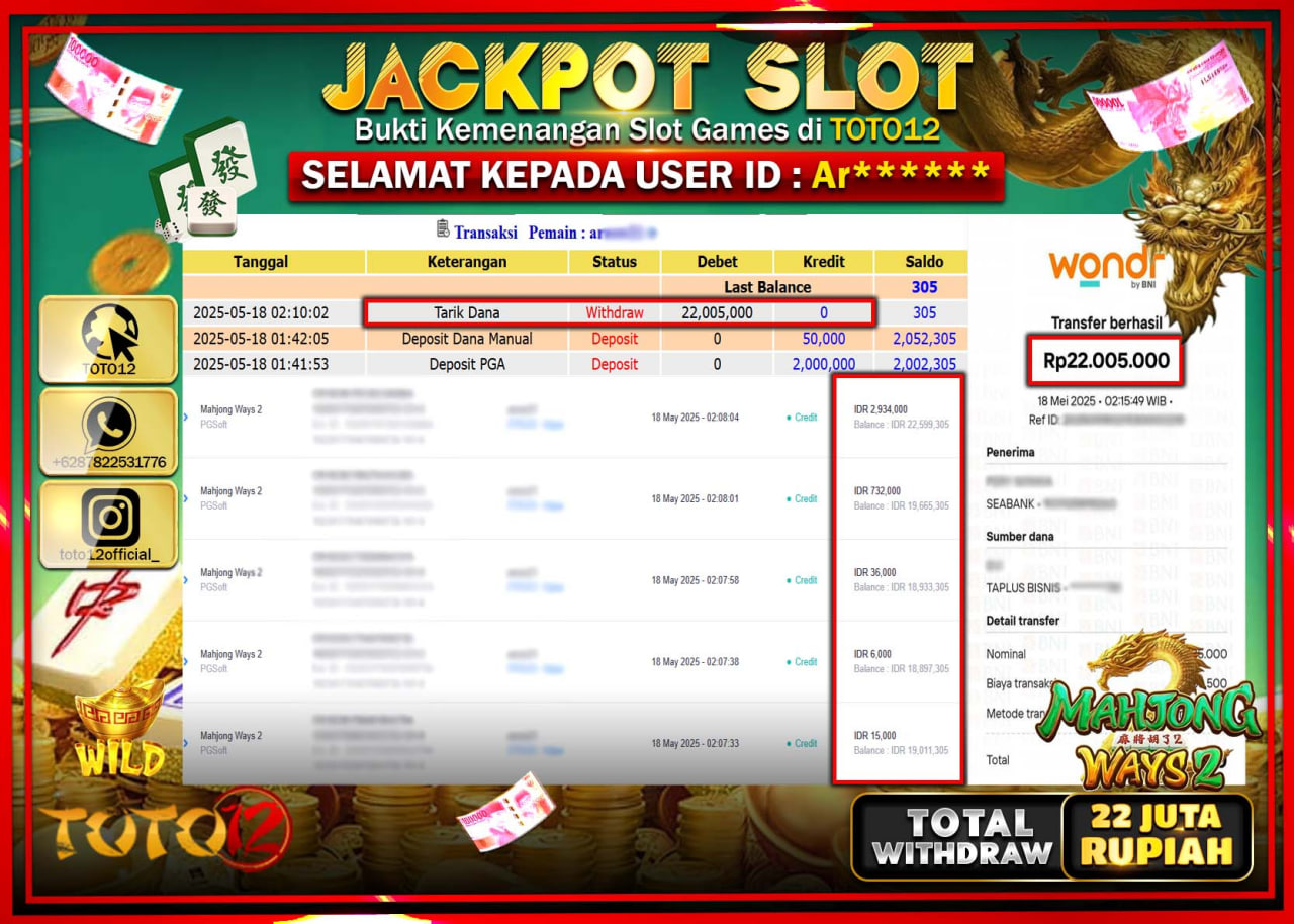 HANYA DI TOTO12 JP PASTI DI BAYAR LUNAS DAN CEPAT!!!!!! JACKPOT SLOT GAME (MAHJONG WAYS 2) Rp.22.000.000 !!!!