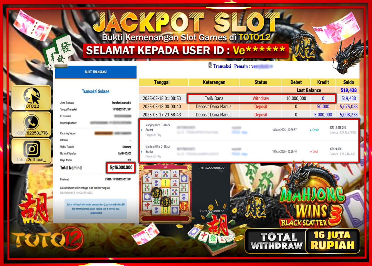 HANYA DI TOTO12 JP PASTI DI BAYAR LUNAS DAN CEPAT!!!!!! JACKPOT SLOT GAME (MAHJONG WINS 3 BLACK SCATTER) Rp.16.000.000 !!!!