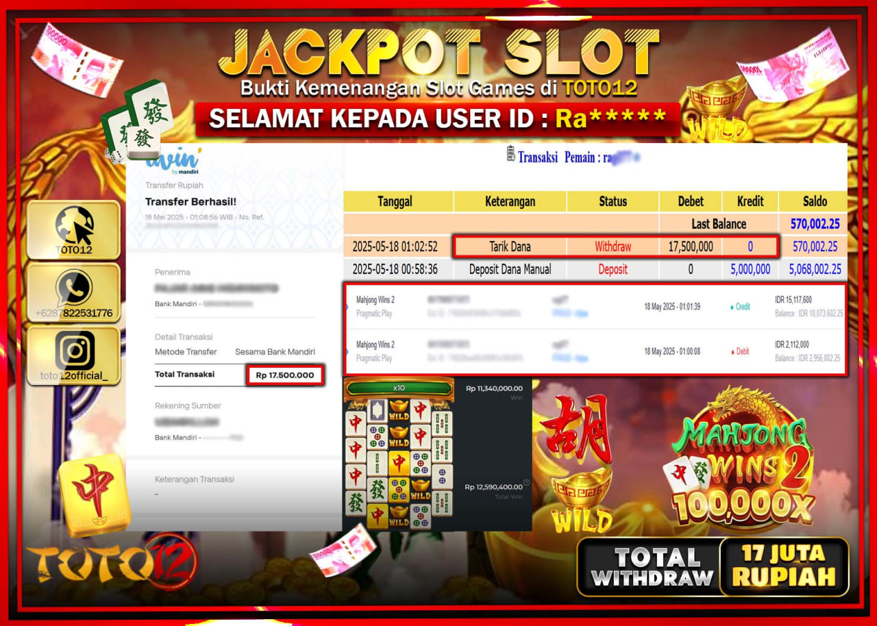 HANYA DI TOTO12 JP PASTI DI BAYAR LUNAS DAN CEPAT!!!!!! JACKPOT SLOT GAME (MAHJONG WINS 2) Rp.17.000.000 !!!!