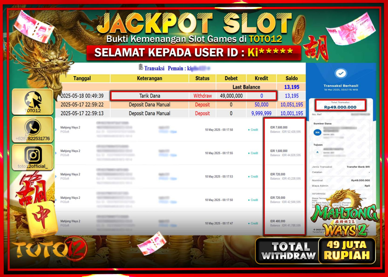 HANYA DI TOTO12 JP PASTI DI BAYAR LUNAS DAN CEPAT!!!!!! JACKPOT SLOT GAME (MAHJONG WAYS 2) Rp.49.000.000 !!!!