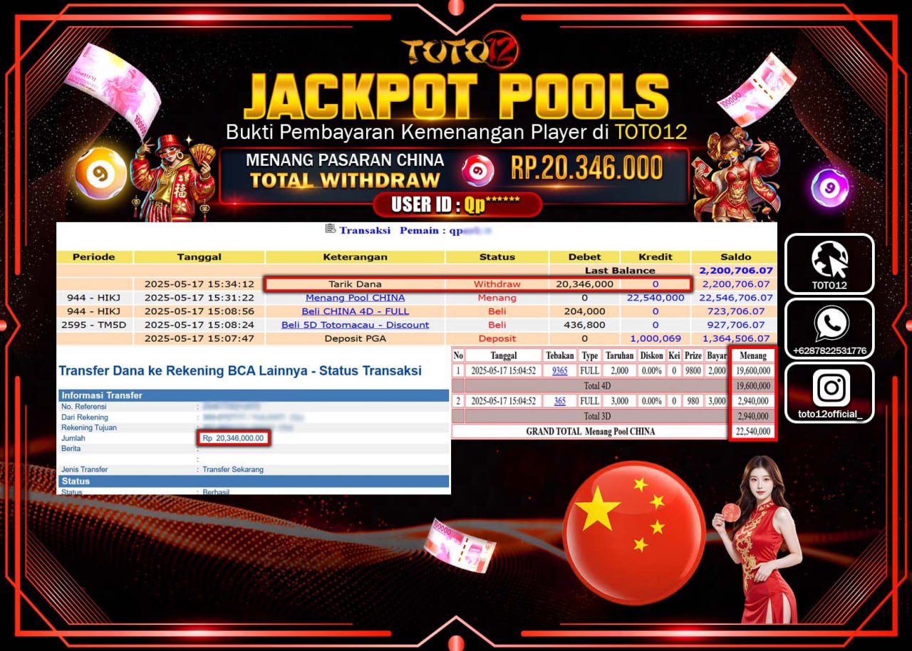 HANYA DI TOTO12 JP PASTI DI BAYAR LUNAS DAN CEPAT!!!!!! JACKPOT POOLS PASARAN (CHINA) Rp.20.346.000 !!!!